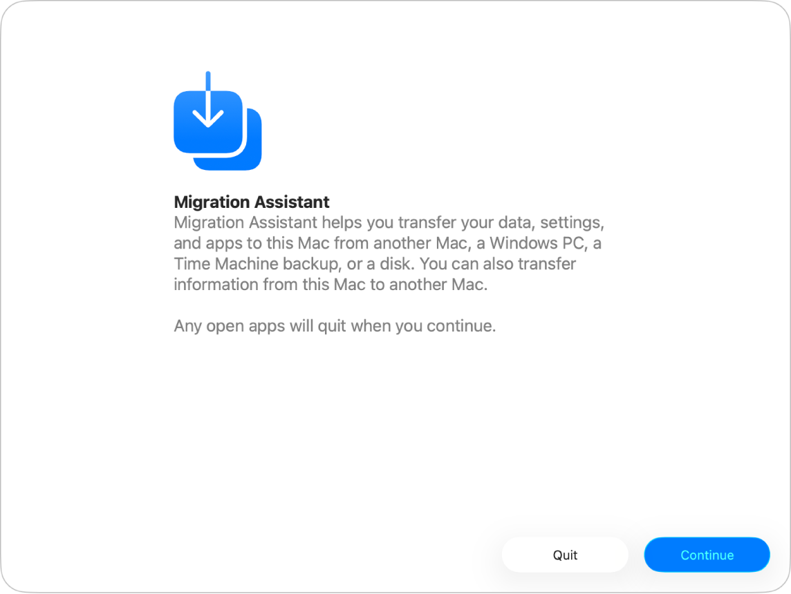 Das Fenster „Migrationsassistent“.