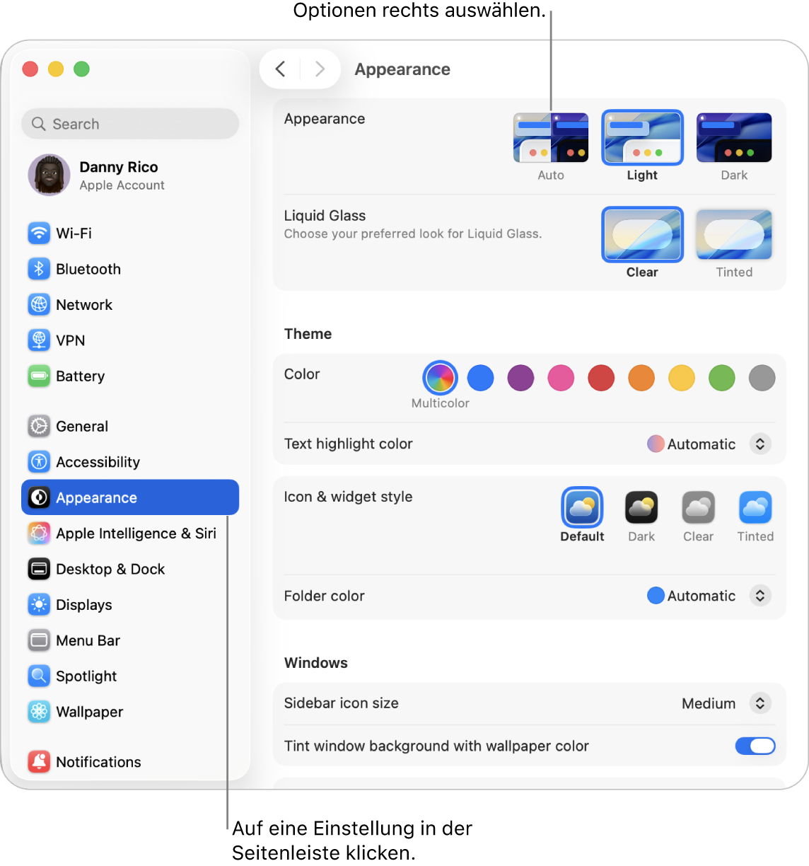 Das Fenster der Systemeinstellungen mit den Einstellungen für „Erscheinungsbild“ in der Seitenleiste und den Optionen für das Erscheinungsbild auf der rechten Seite.