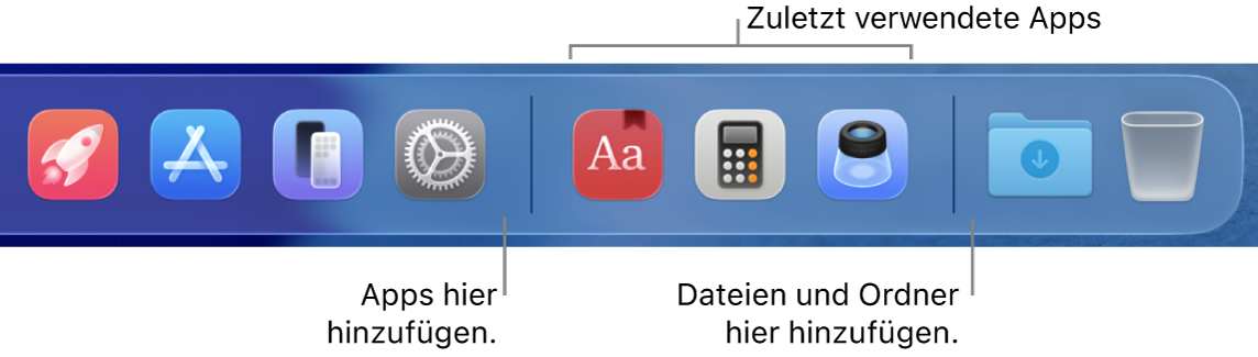 Am rechten Ende des Docks sind die Trennlinien vor und nach dem Abschnitt mit den zuletzt verwendeten Apps zu sehen.