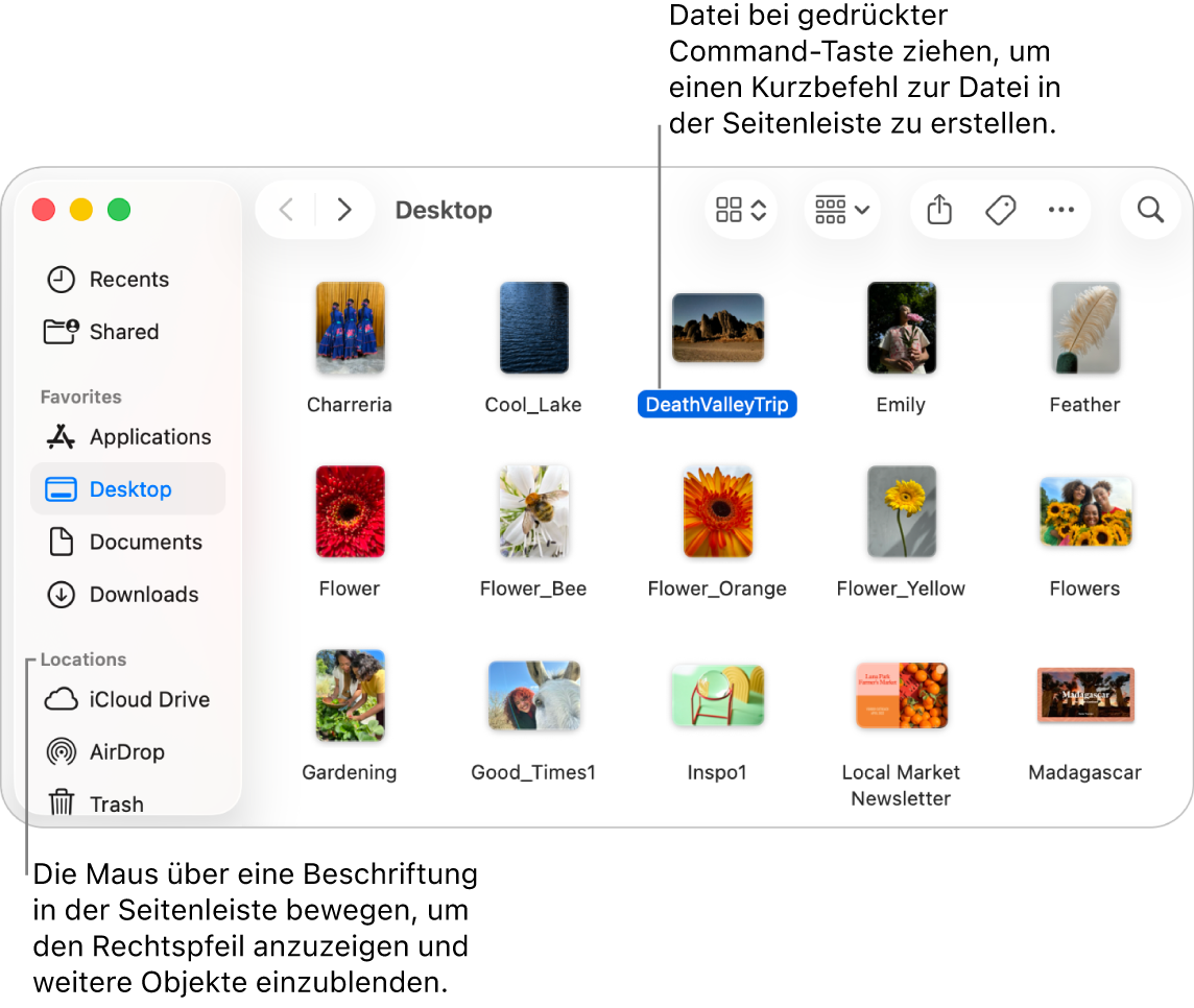 Rechts neben „Orte“ in der Finder-Seitenleiste befindet sich ein Pfeil. Durch Klicken darauf können weitere Objekte angezeigt werden. Rechts im Finder-Fenster ist eine Datei ausgewählt und ein Kurzbefehl zu dieser Datei befindet sich in der Seitenleiste unter „Favoriten“.