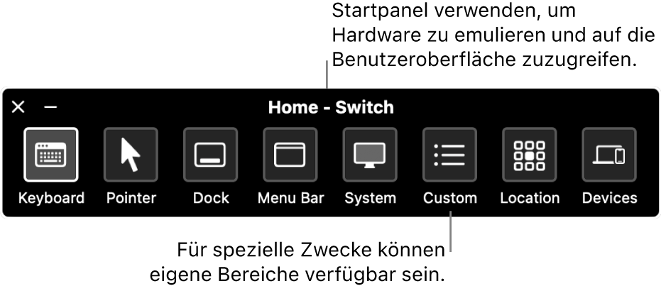 Im Startpanel der Schaltersteuerung sind Tasten (von links nach rechts) vorhanden, mit denen Tastatur, Zeiger, Dock, Menüleiste, Systemsteuerelemente, eigene Panels, Bildschirmposition und andere Geräte gesteuert werden können.