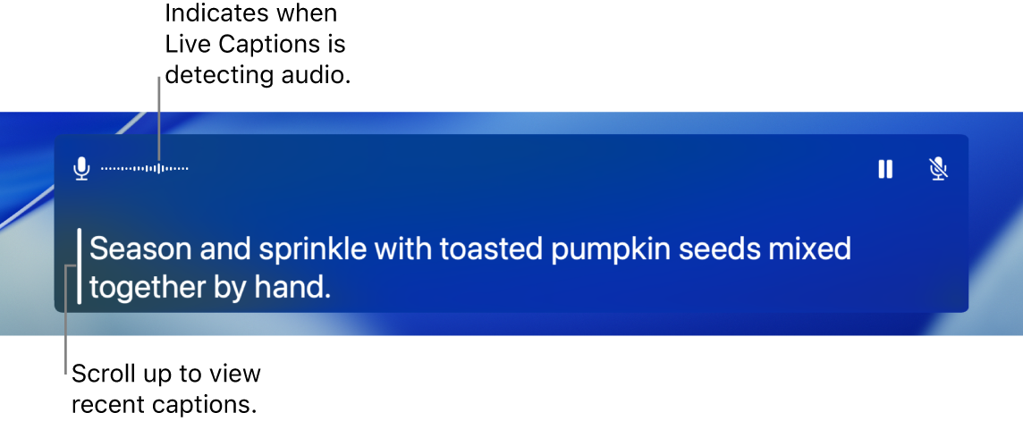 A real-time transcription of the computer’s microphone audio is shown as scrollable text in the Live Captions window.