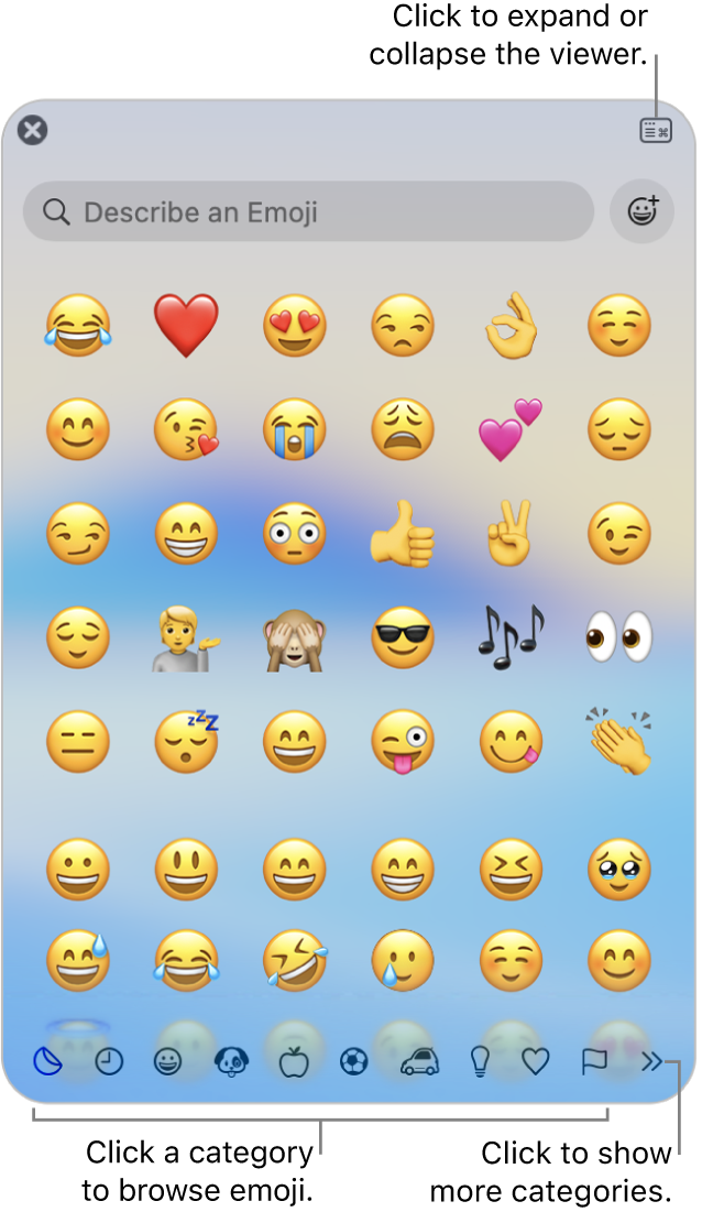 The Character Viewer window. Click a category on the bottom to browse characters or symbols. In the search field, enter a symbol name or code to find a specific character. In the upper-right corner, click to expand or collapse the viewer.