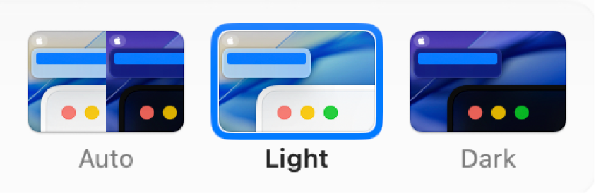 From left to right, samples of the Auto, Light and Dark options shown in Appearance settings.