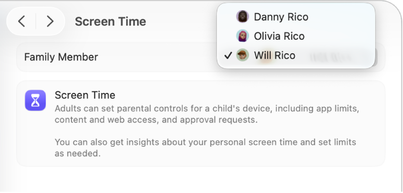 Screen Time settings with a child chosen from the Family Member pop-up menu.
