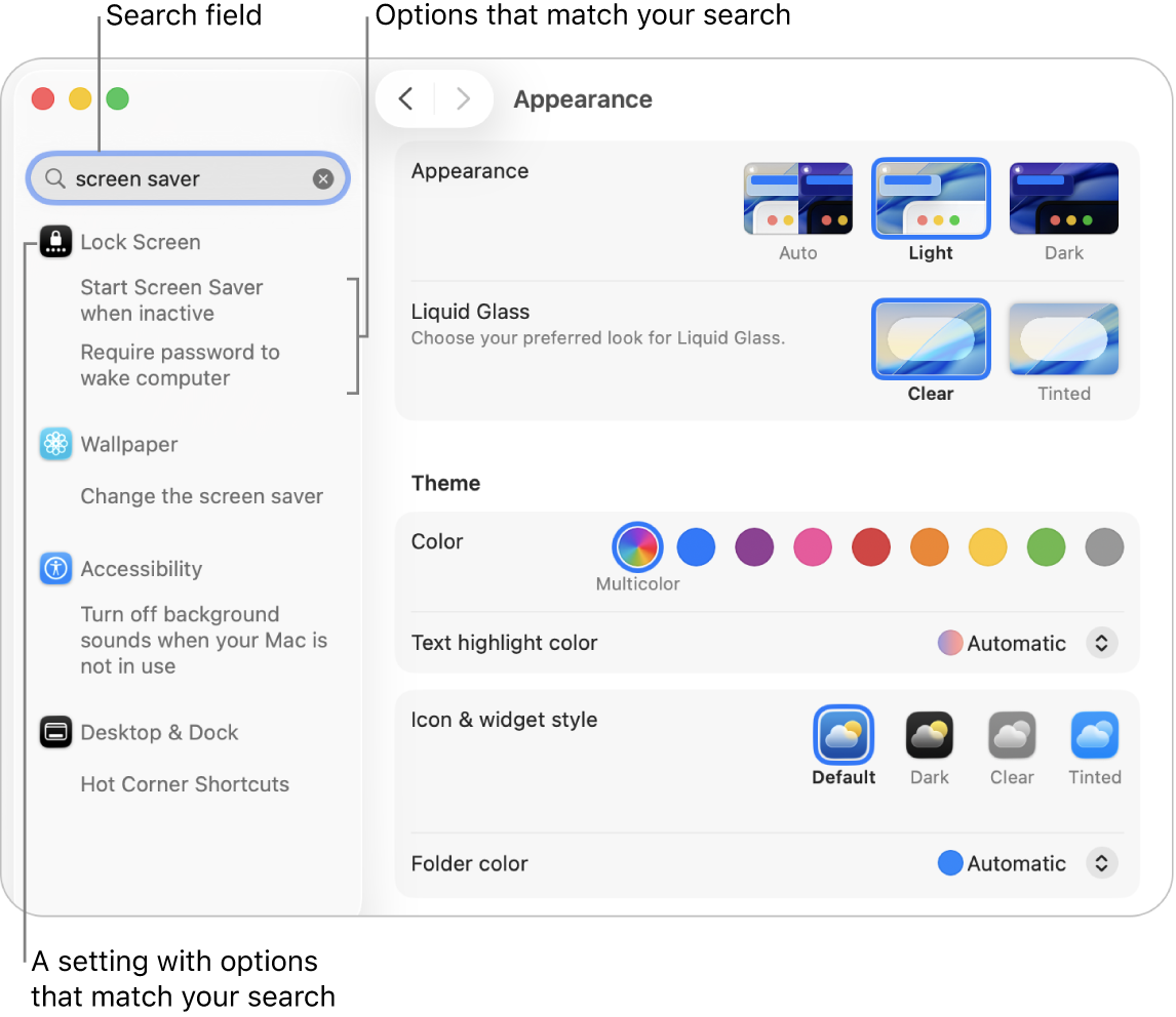 The System Settings window showing “screen saver” in the search field and a list of matching search results below the search field.