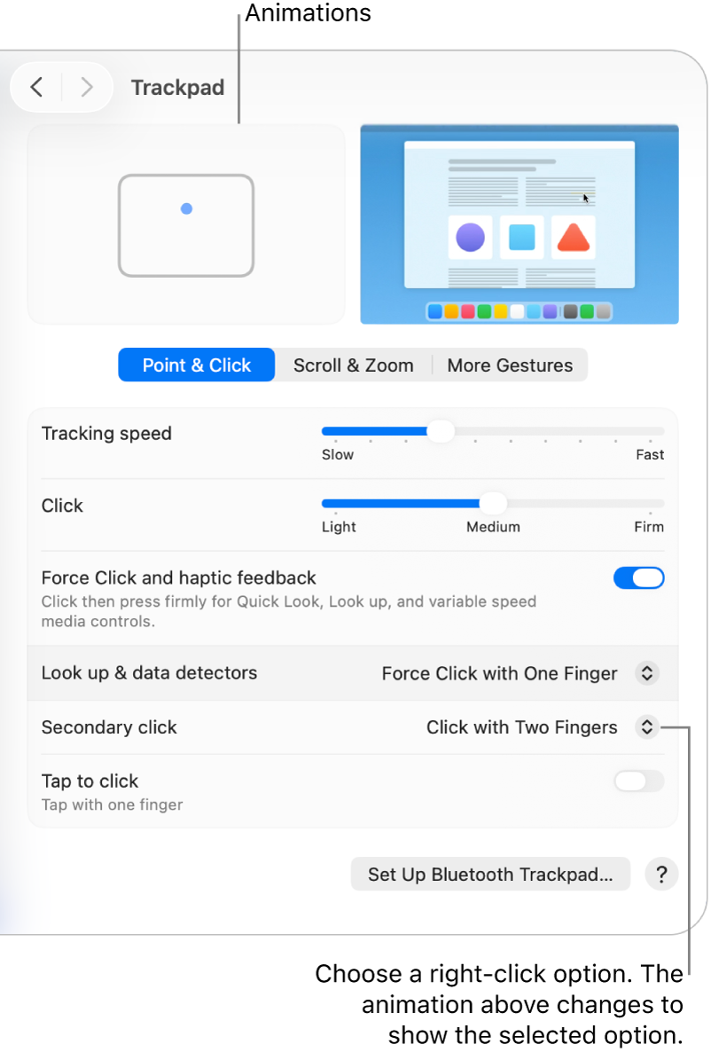 Trackpad options in System Settings showing the secondary click option set to Click with Two Fingers and the corresponding animation.