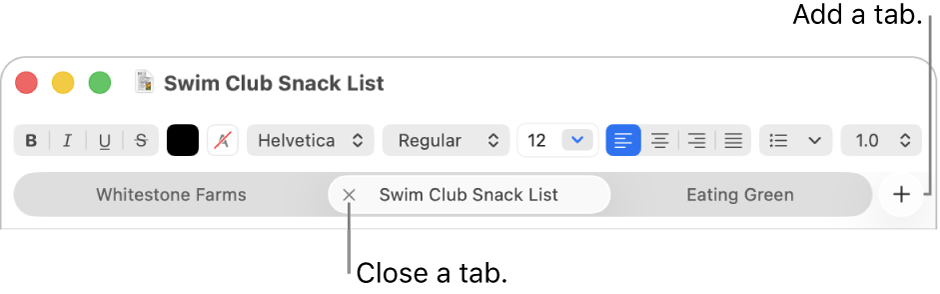 A TextEdit window with three tabs in the tab bar, located below the formatting bar. One tab shows the Close button. The Add button is located at the right end of the tab bar.