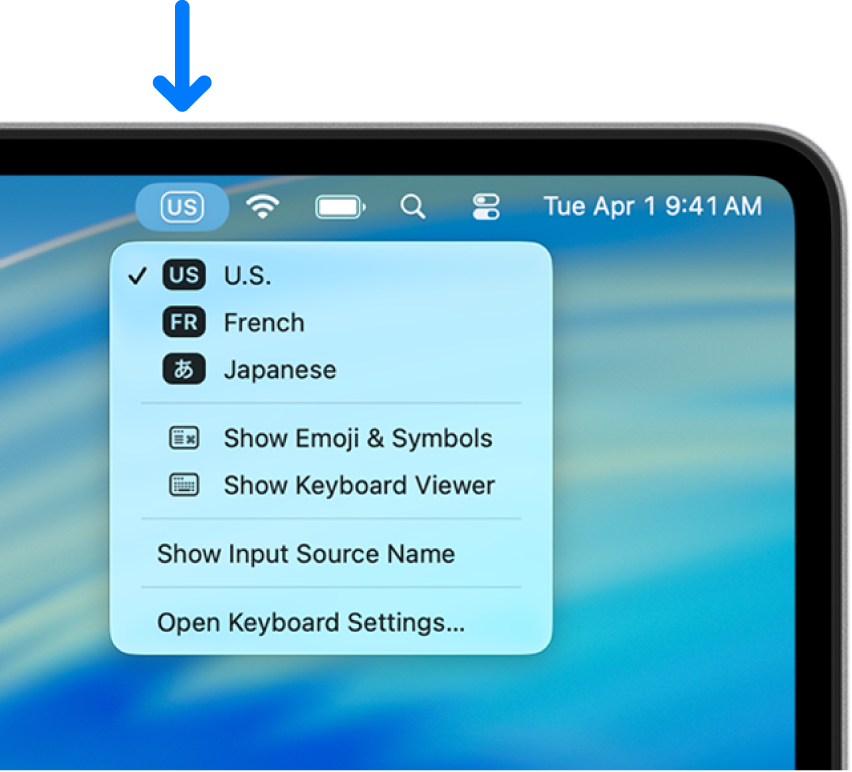 The right side of the menu bar. The Input menu is open and shows input sources like German and Japanese and other options like Show Emoji & Symbols.
