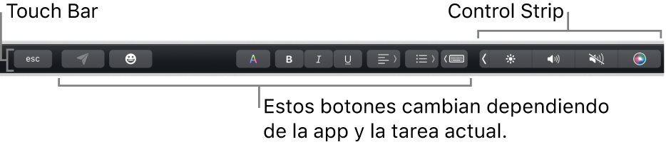 Touch Bar en la parte superior del teclado, mostrando en la izquierda botones que varían según la app o la tarea y, en la derecha, la Control Strip contraída.