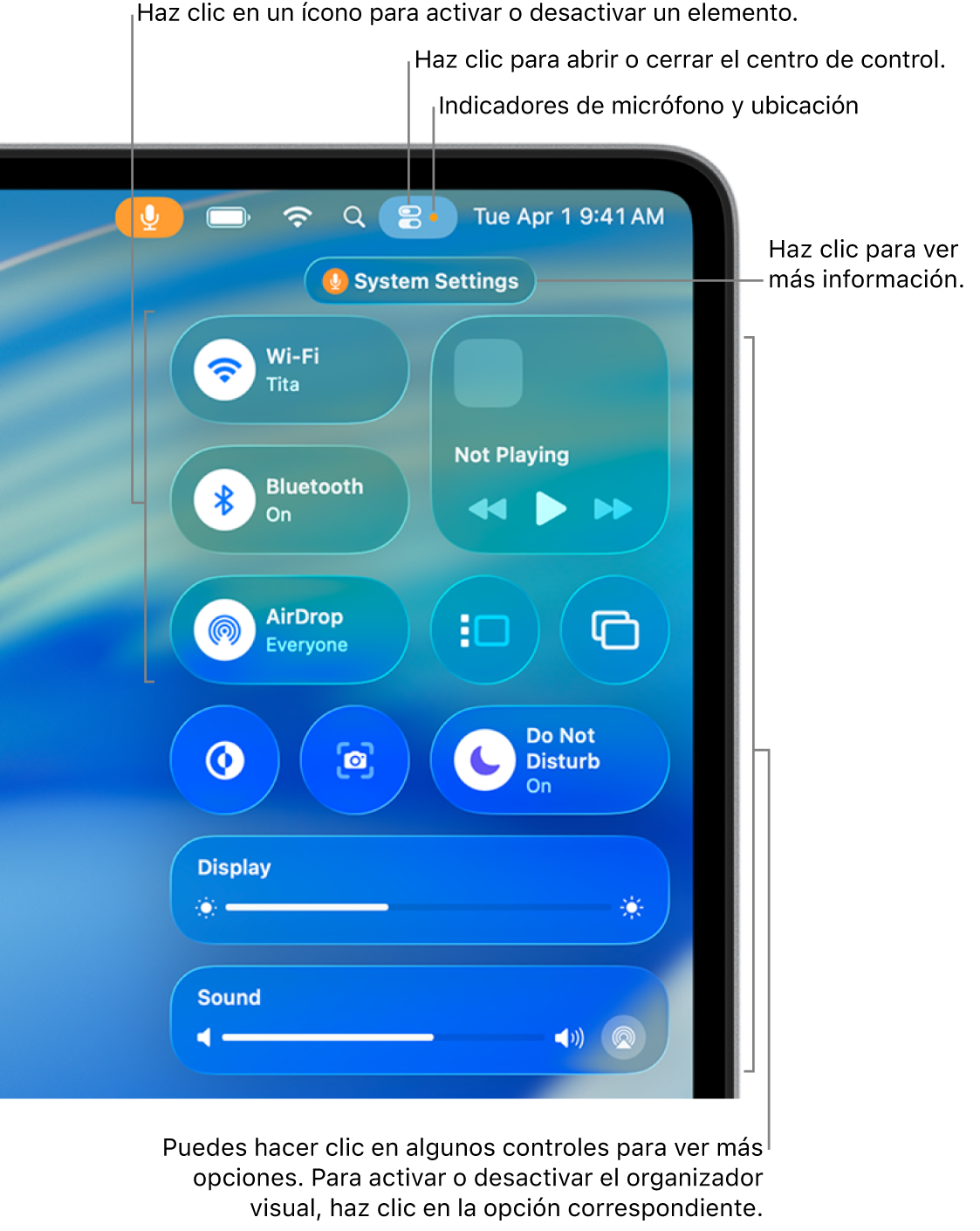 El centro de control está en la porción superior derecha de la pantalla, y muestra los controles de Wi-Fi, Enfoque, Sonido y Ahora suena, entre otros.