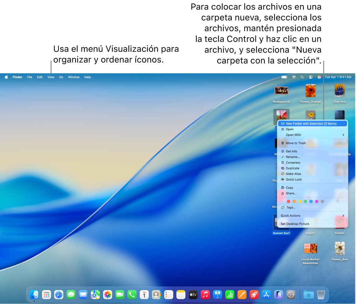 Un escritorio mostrando archivos y carpetas. Varios archivos están seleccionados para colocarlos en una carpeta nueva. Se muestra un menú desplegable para un archivo seleccionado, con la opción Nueva carpeta con la selección.