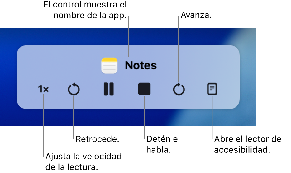 El controlador en pantalla que se puede mostrar cuando tu Mac lee en voz alta el texto seleccionado. El controlador incluye seis botones para que puedas, de izquierda a derecha, ajustar la velocidad del habla, retroceder, reproducir o pausar el habla, detener el habla, avanzar y abrir el lector de accesibilidad. El nombre de la app se muestra en la parte superior del controlador.