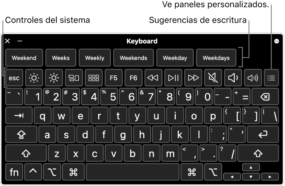 El teclado de Accesibilidad con sugerencias de escritura en la parte superior. Abajo se presenta una fila de botones para que los controles del sistema lleven a cabo acciones como ajustar el brillo de la pantalla y mostrar paneles personalizados.
