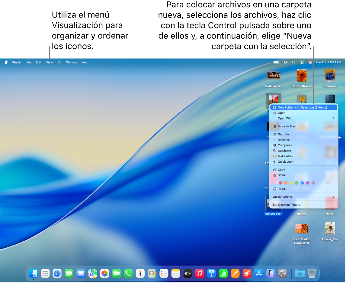Un escritorio con archivos y carpetas. Se seleccionan varios archivos para colocarlos en una nueva carpeta. Aparece un menú desplegable para un archivo seleccionado y se elige “Nueva carpeta con la selección”.