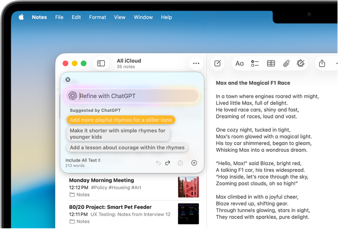 Una ventana de la app Notas muestra una historia redactada con las herramientas de escritura y la extensión de ChatGPT. El cuadro de diálogo “Perfeccionar con ChatGPT” incluye opciones para describir un cambio, seleccionar sugerencias de ChatGPT, deshacer, reescribir y añadir una foto o un documento.