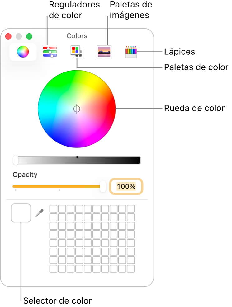 La ventana Colores. La barra de herramientas, que muestra los botones de los reguladores de color, las paletas de color, las paletas de imágenes y los lápices, se encuentra en la parte superior de la ventana. A mitad de ventana se encuentra la rueda de color. La paleta de colores está abajo a la izquierda.
