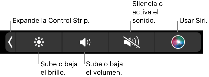 La Control Strip contraída incluye botones, de izquierda a derecha, para expandir la Control Strip, aumentar o reducir el brillo de la pantalla y el volumen, activar o desactivar el sonido, y utilizar Siri.