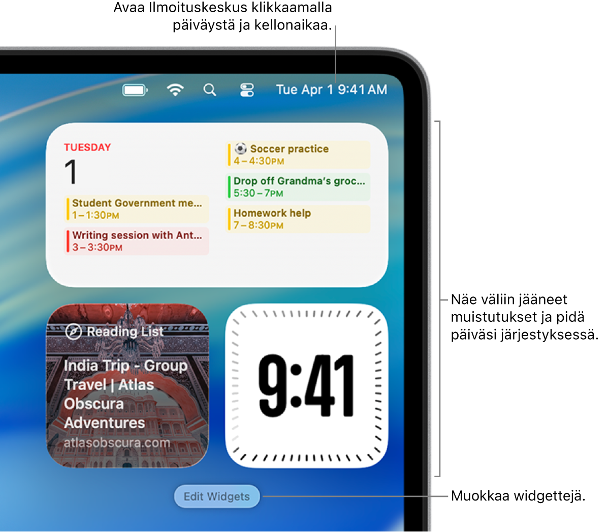 Ilmoituksia ja widgettejä Ilmoituskeskuksessa.