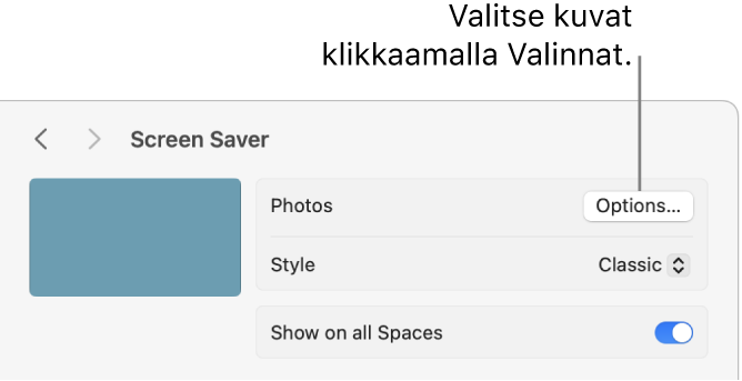 Järjestelmäasetukset-ikkunan yläosa, jossa näkyvät valinnat vaihtoehdolle Kuvat.