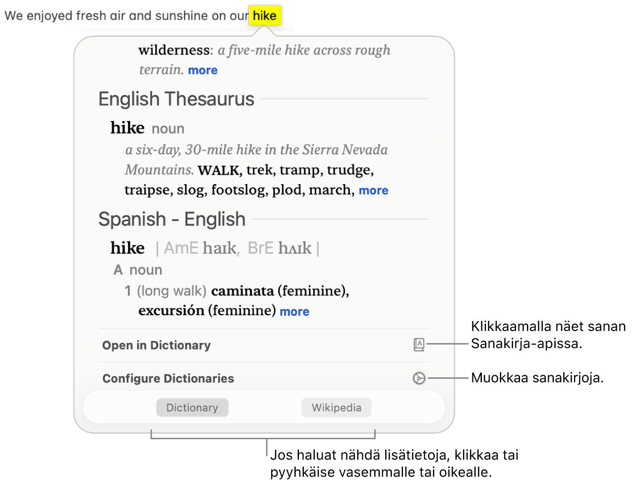 Katso lisää -ikkuna, jossa näkyy sanakirjan ja synonyymisanakirjan määritelmät sanasta.