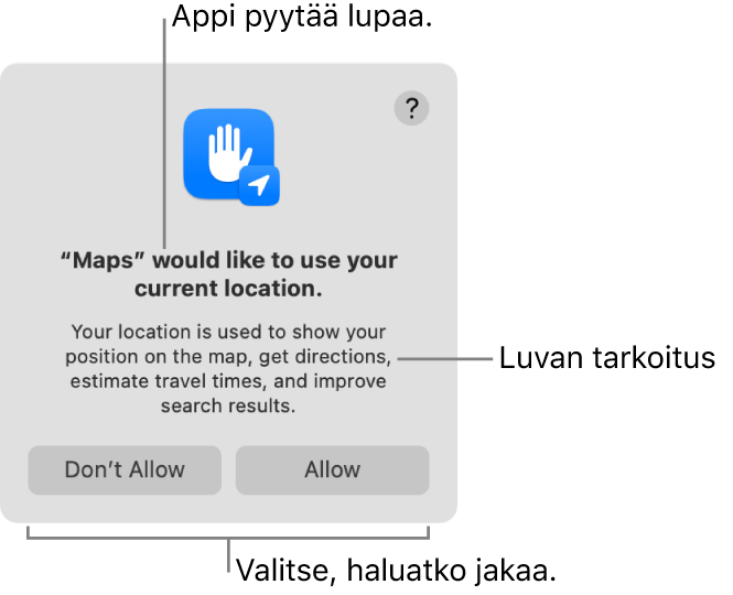 Kartat-appi pyytää lupaa käyttää sijaintiasi.
