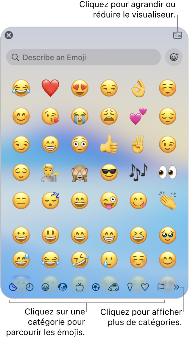 La fenêtre du visualiseur de caractères. Cliquez sur une catégorie en bas pour parcourir les caractères ou les symboles. Dans le champ de recherche, saisissez le nom d’un symbole ou son code pour trouver un caractère en particulier. Dans le coin supérieur droit, cliquez pour agrandir ou condenser le visualiseur.
