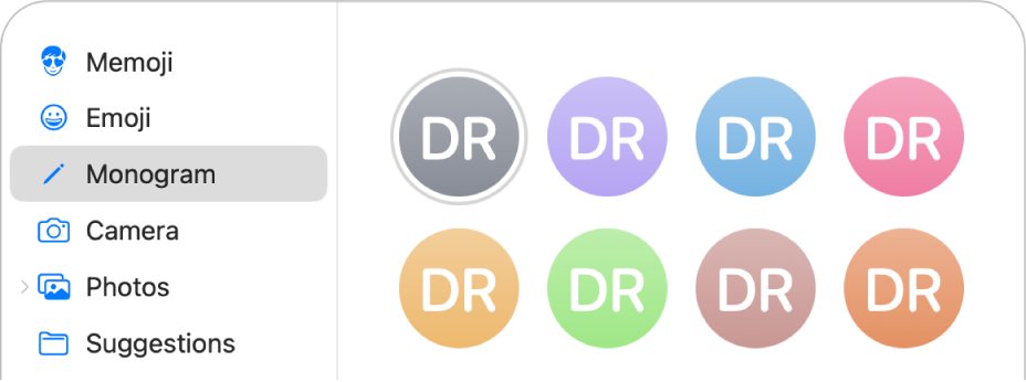 Les options de l’image de votre compte Apple avec le monogramme choisi dans la barre latérale et plusieurs monogrammes qui s’affichent.