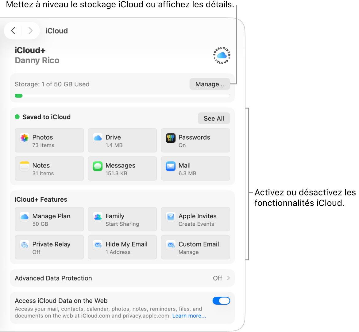 Réglages iCloud pour les fonctionnalités les plus couramment utilisées.