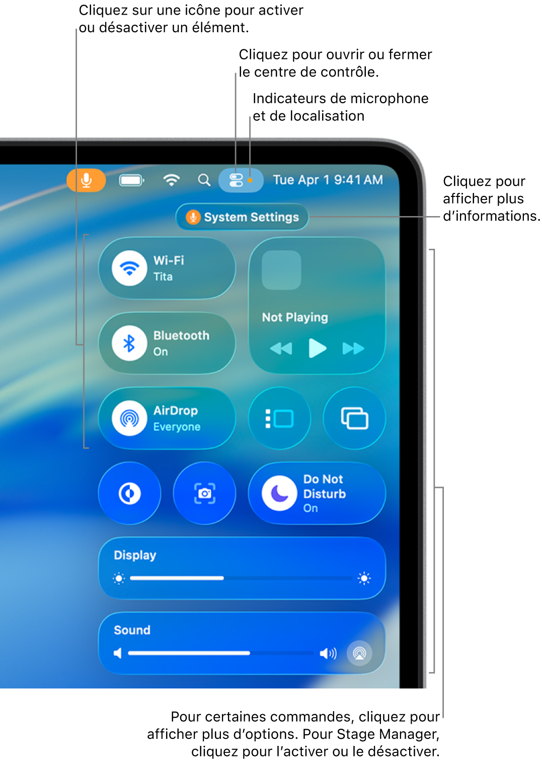 Le centre de contrôle dans la portion supérieure droite de l’écran, affichant les commandes pour Wi-Fi, Concentration, Son et « À l’écoute », entre autres.