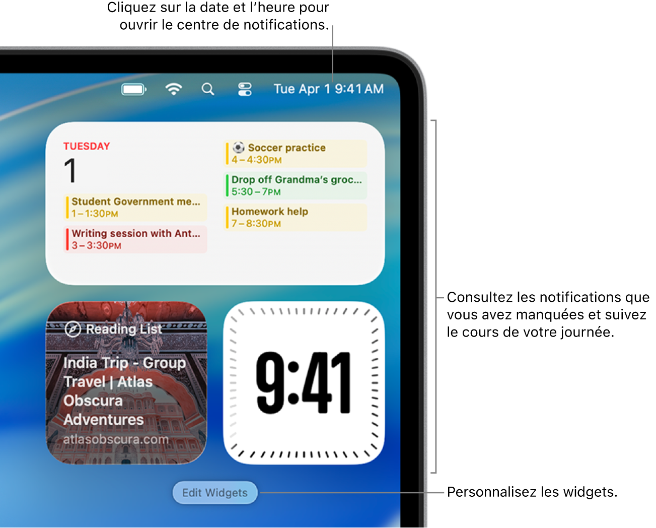Notifications et widgets dans le Centre de notifications.