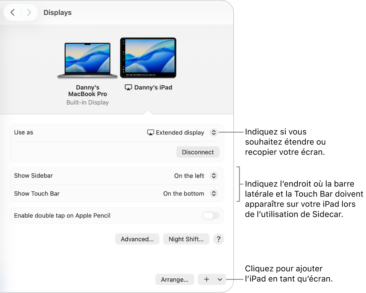 La sous-fenêtre des réglages Moniteurs sur Mac affichant les options de configuration de Sidecar.