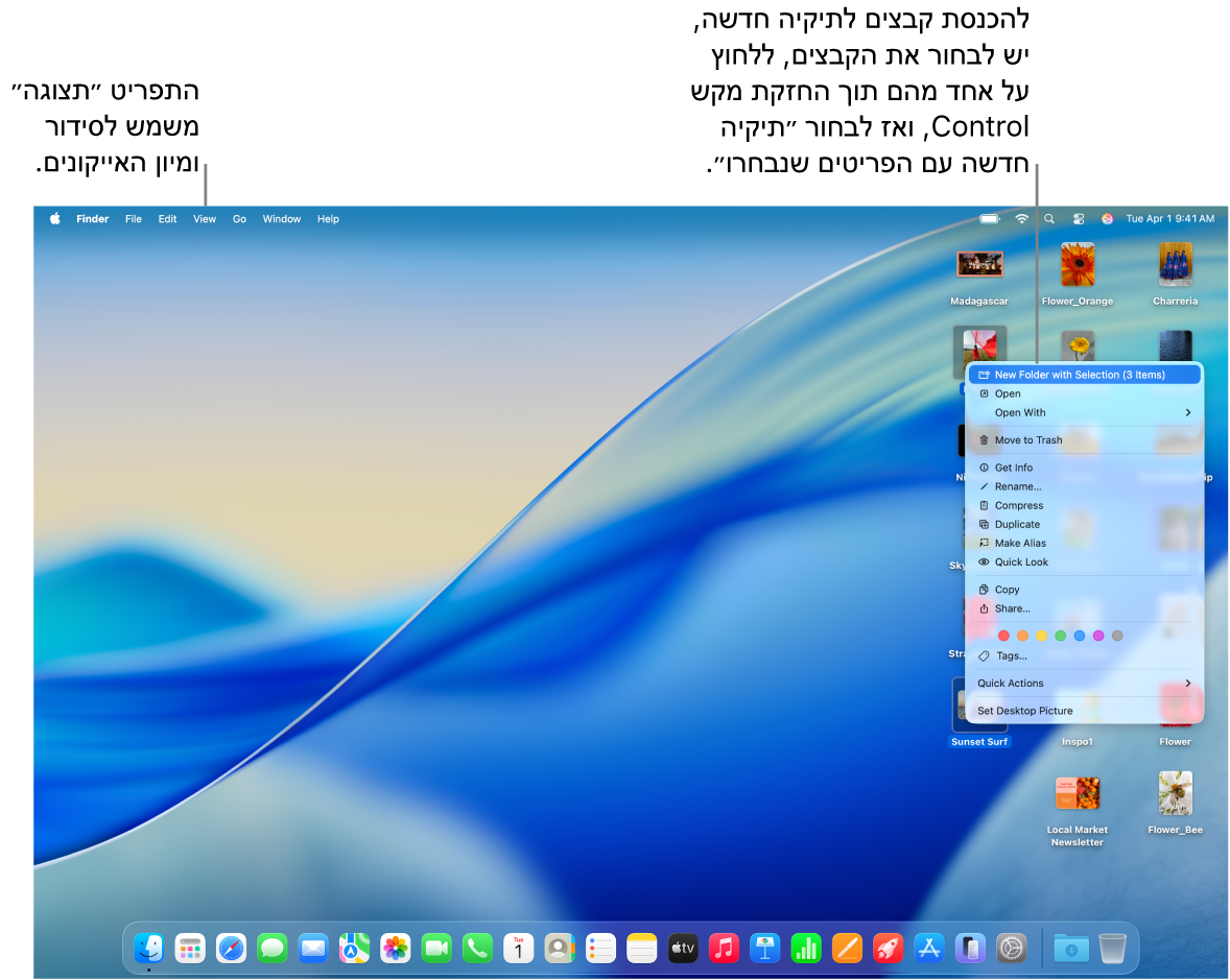מכתבה עם קבצים ותיקיות. מספר קבצים נבחרים והם יועברו לתיקיה חדשה. מופיע תפריט קופצני של קובץ שנבחר, ובו נבחרה האפשרות ״תיקיה חדשה עם הפריטים שנבחרו״.