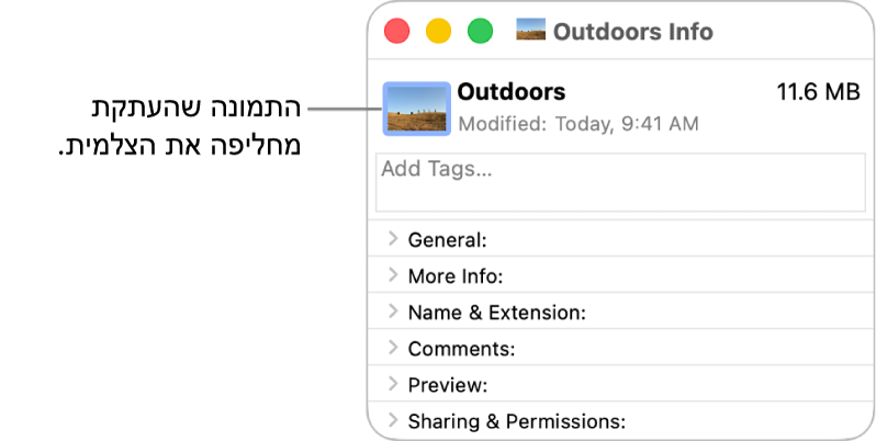 החלון ״פרטים״ של תיקיה, מציג את הצלמית הגנרית מוחלפת בתמונה.