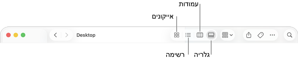 חלקו העליון של חלון של ה‑Finder עם כפתורי אפשרויות ״תצוגה״ עבור תיקיה.