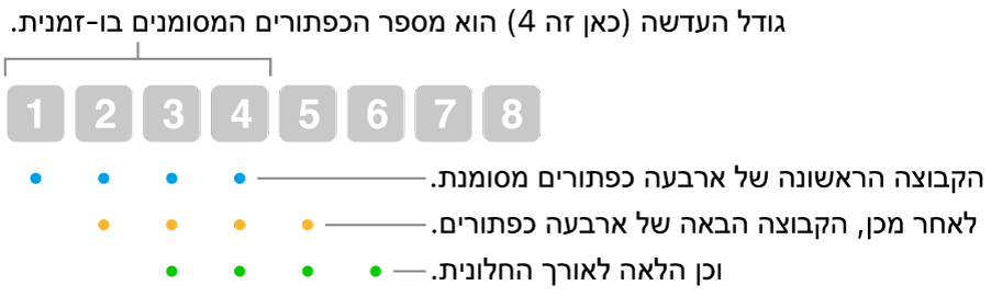 המחשה של אופן הפעולה של ״גלישה וצעד״: קבוצה של ארבעה כפתורים (גודל העדשה) מסומנת, ואז הקבוצה הבאה של ארבעה כפתורים, וכך הלאה, ברצף חופף.