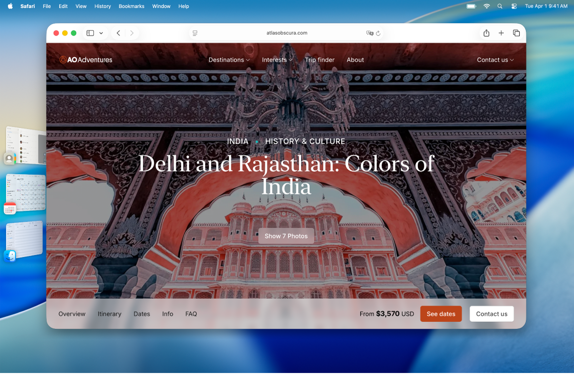 स्क्रीन की बाईं ओर हाल ही में उपयोग किए गए ऐप्स की सूची में तीन ऐप्स के साथ स्टेज मैनेजर दिखाने वाला एक डेस्कटॉप और स्क्रीन के केंद्र में एक ऐप विंडो।