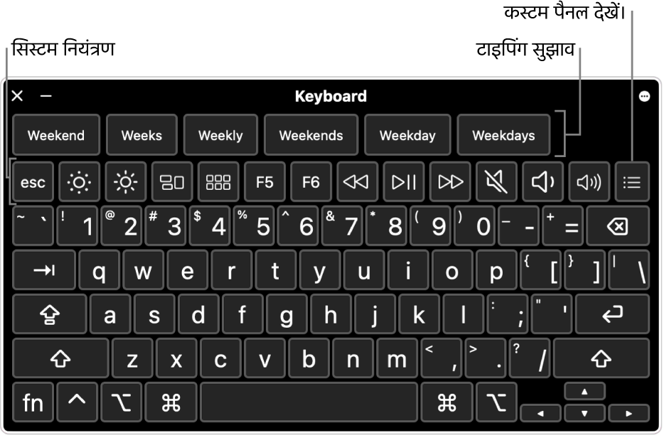 शीर्ष पर टाइपिंग सुझावों के साथ ऐक्सेसिबिलिटी कीबोर्ड। “प्रदर्शन ब्राइटनेस ऐडजस्ट करने” और “कस्टम पैनल दिखाने” जैसे कार्य करने के लिए नीचे सिस्टम के नियंत्रण के लिए बटन की एक पंक्ति है।