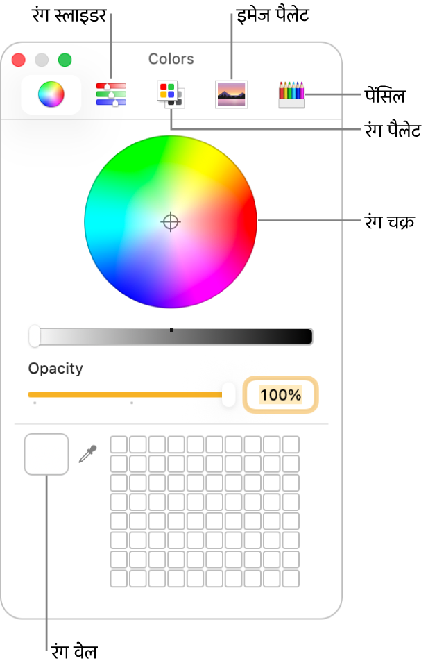 रंग विंडो। विंडो के शीर्ष पर टूलबार है जिसमें रंग स्लाइडर, रंग पैलेट, छवि पैलेट और पेंसिल्स के लिए बटन हैं। विंडो के मध्य में रंग चक्र है। रंग कुआँ सबसे नीचे बाईं ओर है।