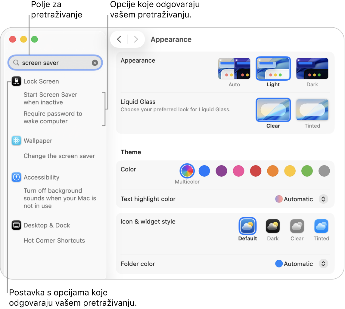 Postavke sustava s prozorom koji prikazuje “zaštita zaslona” u polju za pretraživanje te popis odgovarajućih rezultata pretraživanja ispod bolja za pretraživanje.