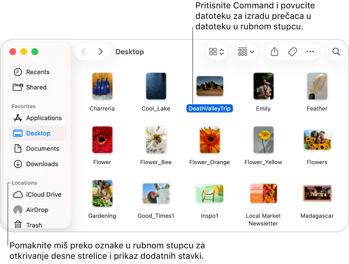 S desne strane Lokacija u rubnom stupcu Findera nalazi se strelica klikom na koju se prikazuju dodatne stavke. U prozoru Findera s desne strane odabrana je datoteka, a prečac do datoteke nalazi se u rubnom stupcu, ispod Omiljenih stavki.