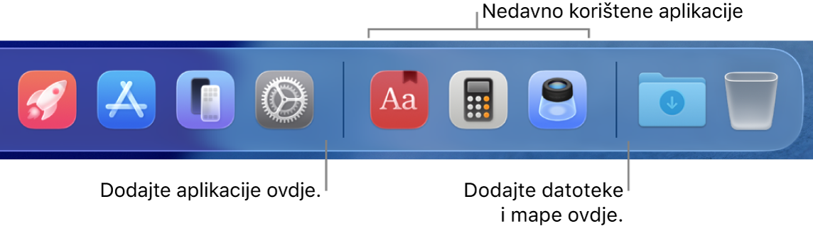 Dio Docka s prikazom linija odvajača između aplikacija, nedavno korištenih aplikacija te datoteka i mapa.