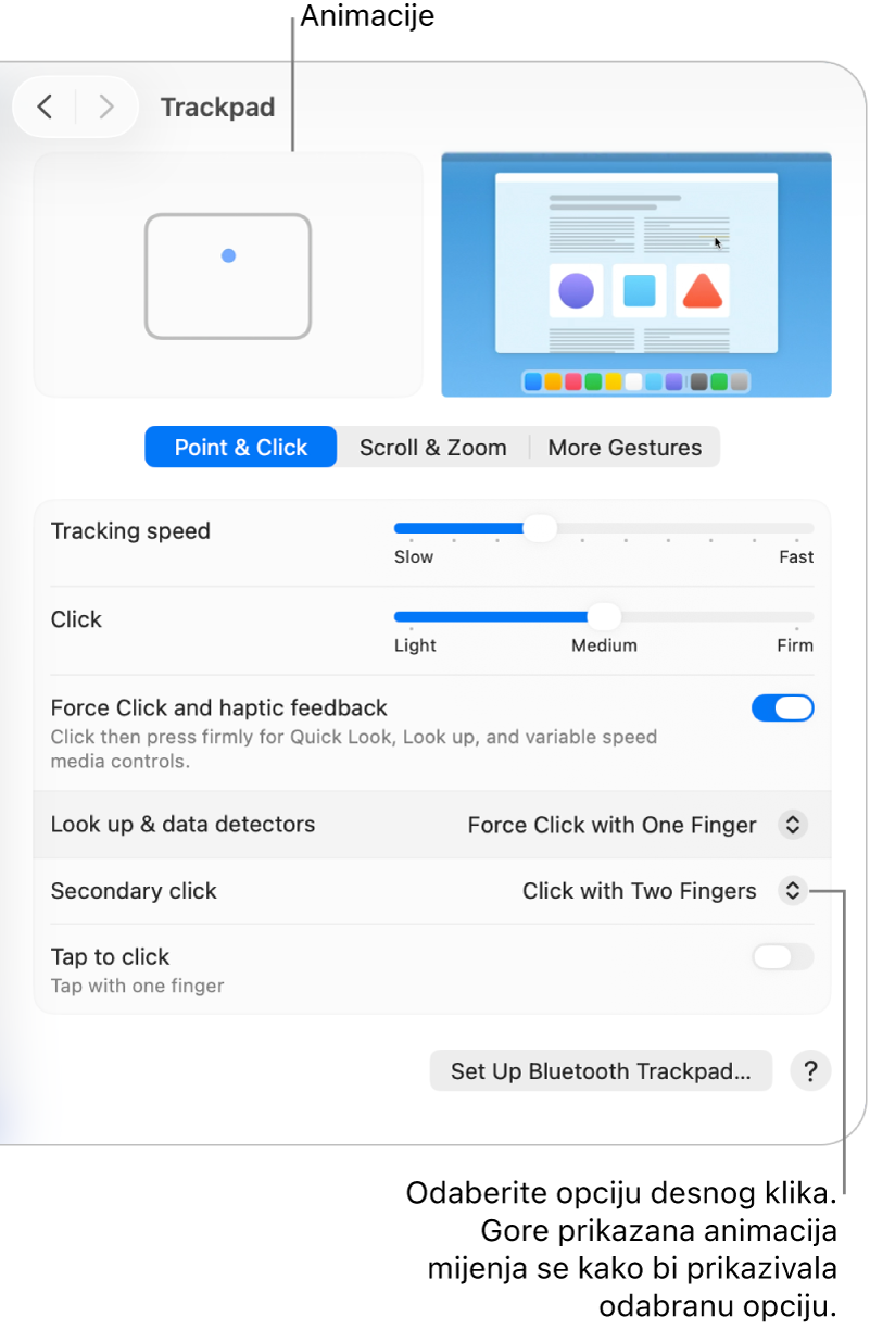 Opcije dodirne površine u Postavkama sustava s prikazom opcije sekundarnog klika postavljene na opciju Klikni s dva prsta te odgovarajuće animacije.
