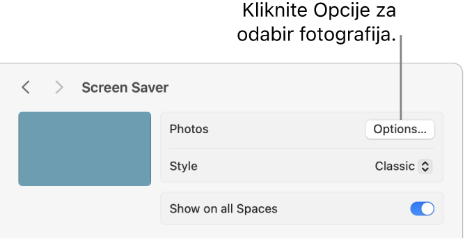 Vrh prozora Postavke sustava s prikazom opcija za Fotografije.