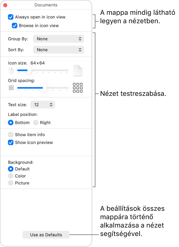 Mappa ikonnézet beállításai.