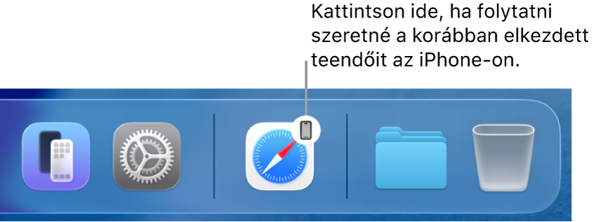 A Mac Dockjában a Handoff ikon látható.