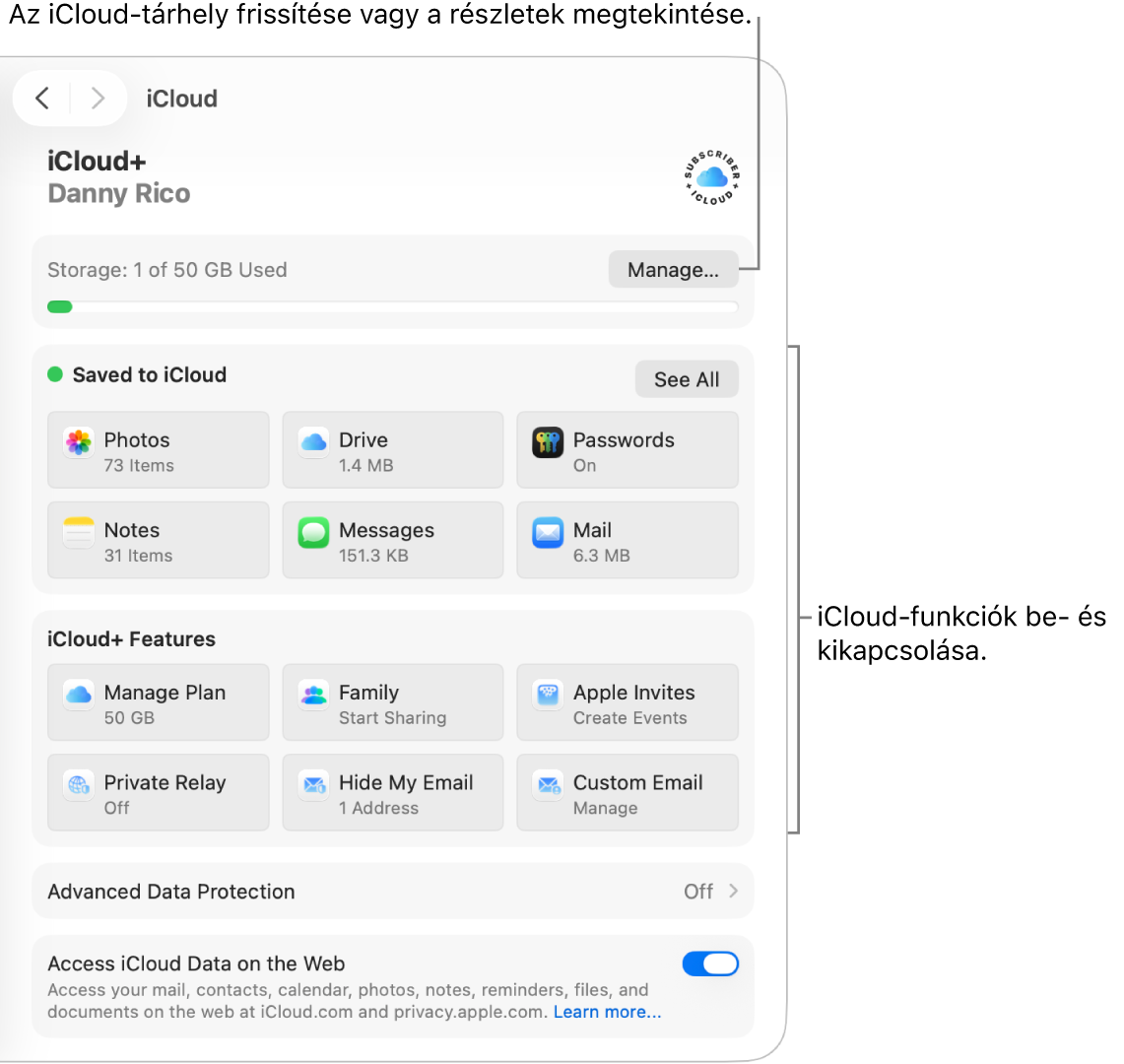 A leggyakrabban használt funkciók iCloud-beállításai.