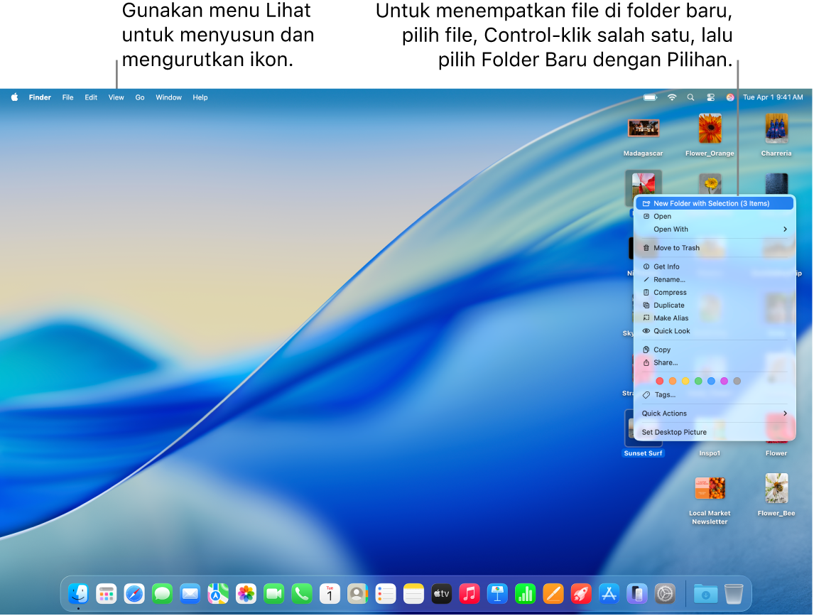 Desktop menampilkan file dan folder. Beberapa file dipilih untuk diletakkan di folder baru. Menu pop-up untuk file yang dipilih muncul, dengan Baru Folder dengan Pilihan dipilih.
