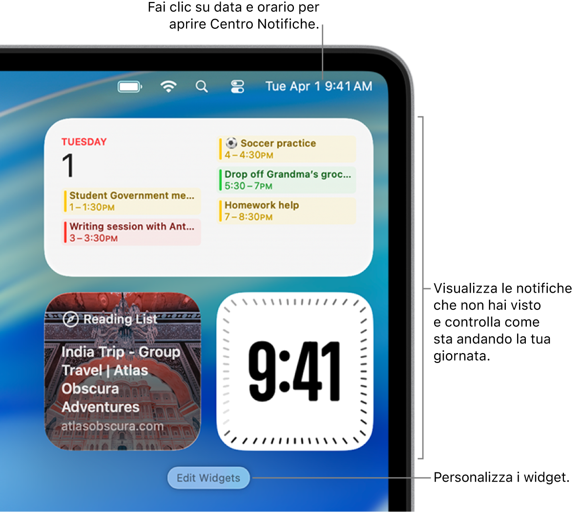 Notifiche e widget in Centro Notifiche.