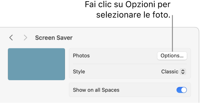 La parte superiore della finestra di Impostazioni di Sistema che mostre le opzioni per Foto.